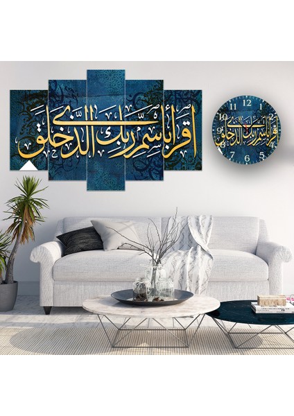 5 Parçalı Dekoratif Ahşap Duvar Tablosu ve Saati 60X124 cm