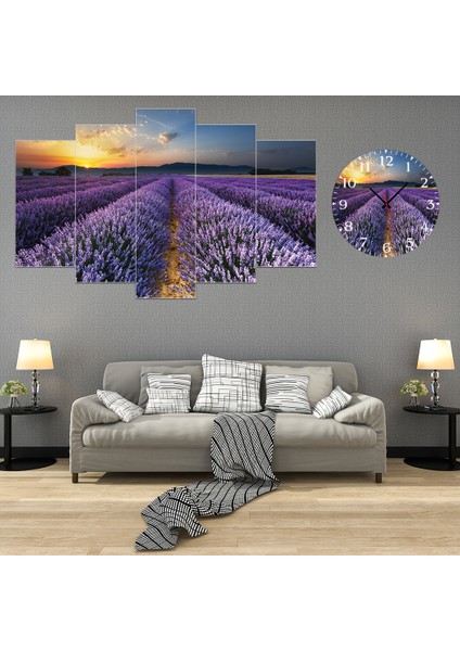 5 Parçalı Dekoratif Ahşap Duvar Tablosu ve Saati 60X124 cm