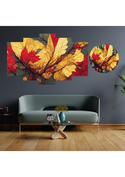 5 Parçalı Dekoratif Ahşap Duvar Tablosu ve Saati 60X124 cm
