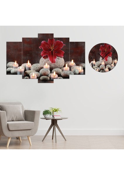 5 Parçalı Dekoratif Ahşap Duvar Tablosu ve Saati 60X124 cm