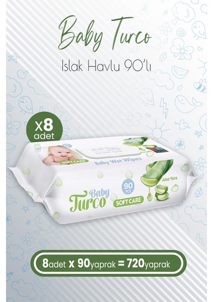 Baby Turco Soft Care Bebek Islak Havlu Aloe Vera 90' Lı x 8 Adet (720 Yaprak)