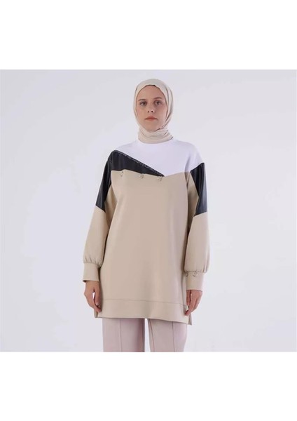 Deri Garnili Metal Halkalı Scuba Sweat Tunik 50198EKRU fiyatları