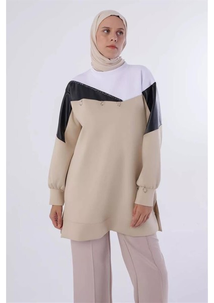 Deri Garnili Metal Halkalı Scuba Sweat Tunik 50198EKRU indirimleri