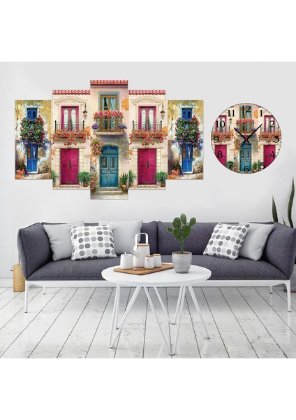 5 Parçalı Dekoratif Ahşap Duvar Tablosu ve Saati 60X124 cm