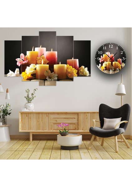 5 Parçalı Dekoratif Ahşap Duvar Tablosu ve Saati 60X124 cm