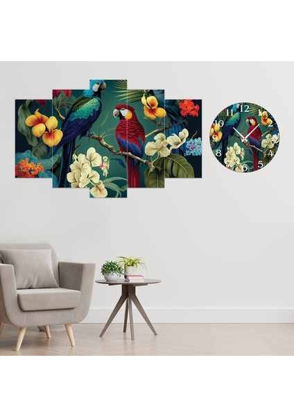 5 Parçalı Dekoratif Ahşap Duvar Tablosu ve Saati 60X124 cm