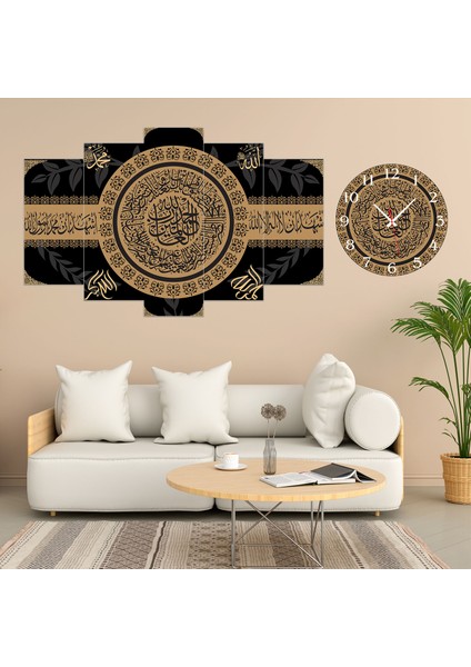 5 Parçalı Dekoratif Ahşap Duvar Tablosu ve Saati 60X124 cm