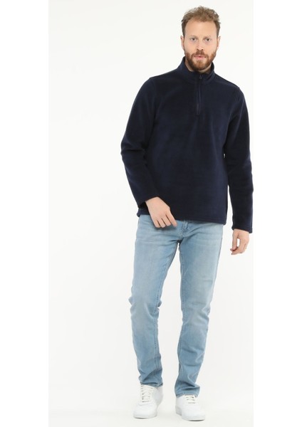 Erkek Normal Kesim Dik Yaka Yarım Fermuarlı Polar Sweatshirt Lacivert modelleri