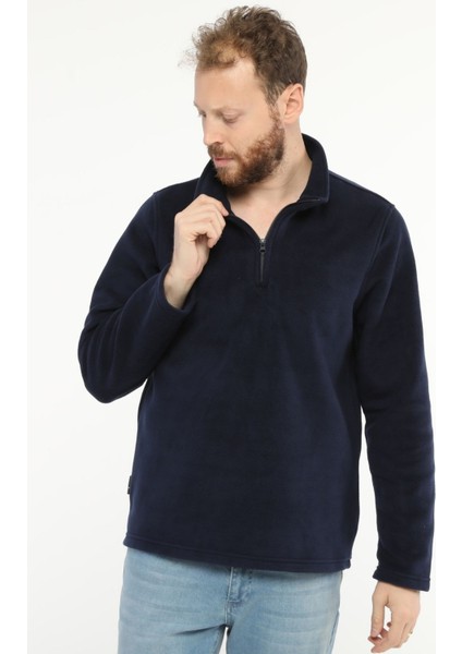 Erkek Normal Kesim Dik Yaka Yarım Fermuarlı Polar Sweatshirt Lacivert indirimleri