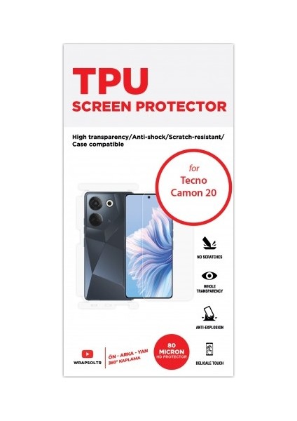 Tecno Camon 20 Ön, Arka ve Yan 360 Derece Tam Kaplama Tpu Film fiyatları