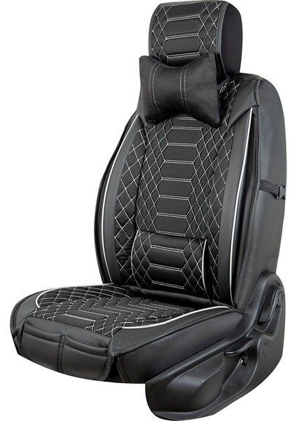 Mercedes Clc Uyumlu Lüx Deri Oto Koltuk Kılıfı Ön Arka Set Galaksi Serisi Siyah Beyaz