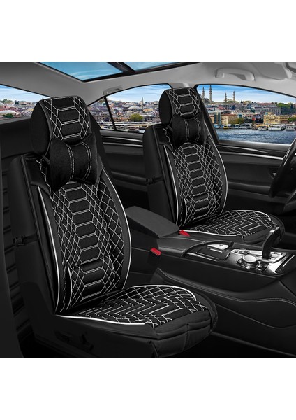 Volkswagen Eos Uyumlu Lüx Deri Oto Koltuk Kılıfı Ön Arka Set Evren Serisi Siyah Beyaz