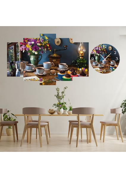 5 Parçalı Dekoratif Ahşap Duvar Tablosu ve Saati 60X124 cm