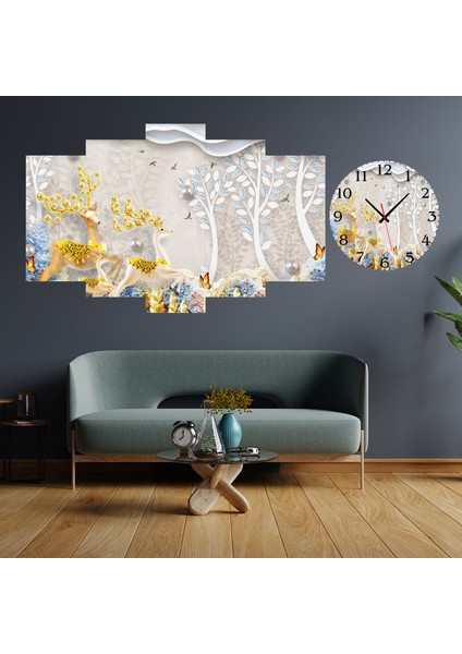 5 Parçalı Dekoratif Ahşap Duvar Tablosu ve Saati 60X124 cm