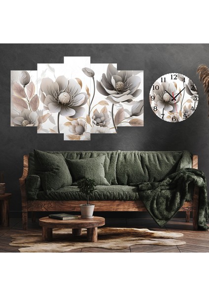 5 Parçalı Dekoratif Ahşap Duvar Tablosu ve Saati 60X124 cm