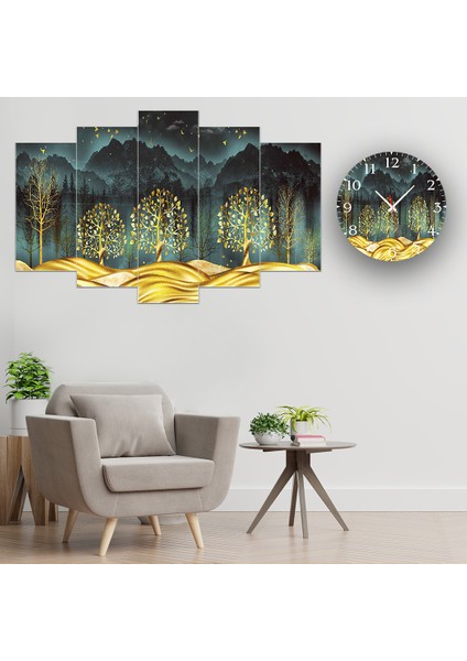 5 Parçalı Dekoratif Ahşap Duvar Tablosu ve Saati 60X124 cm