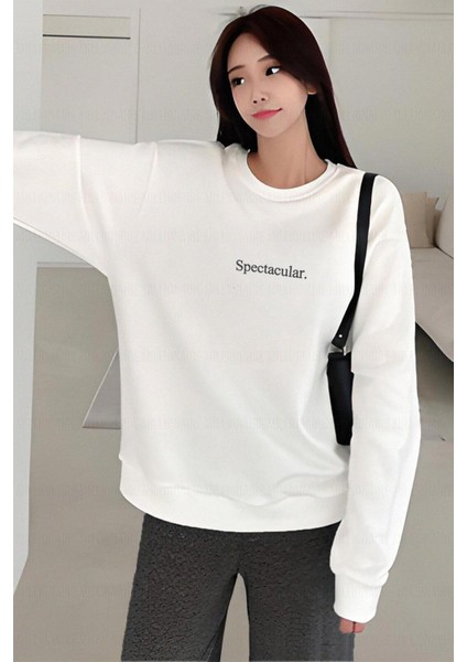 Kadın Beyaz Spectacular Baskılı 0 Sıfır Yaka Oversize Salaş Bol Kesim Polar Sweatshirt