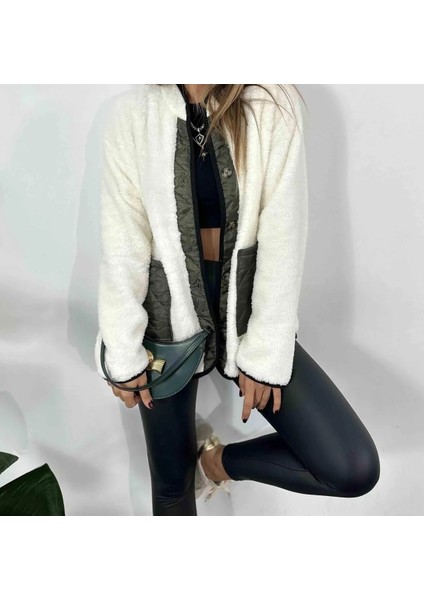 Kapitone Cep Detaylı Düğmeli Pelüş Beyaz Polar Unisex