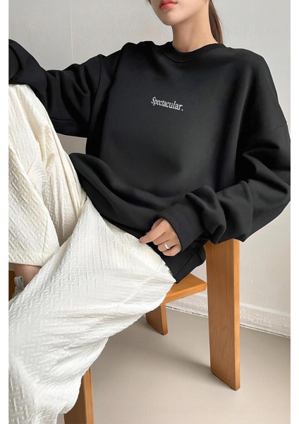 Kadın Siyah Spectacular Baskılı 0 Sıfır Yaka Oversize Salaş Bol Kesim Polar Sweatshirt fiyatları