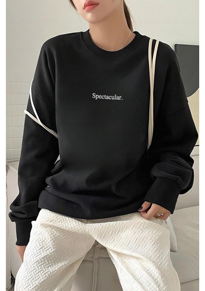 Kadın Siyah Spectacular Baskılı 0 Sıfır Yaka Oversize Salaş Bol Kesim Polar Sweatshirt modelleri