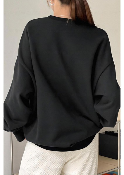 Kadın Siyah Spectacular Baskılı 0 Sıfır Yaka Oversize Salaş Bol Kesim Polar Sweatshirt fırsatları