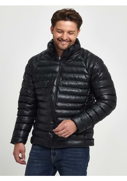 Zagmen Z01230 Erkek Slim Fit Şişme Deri Mont - Z01230 - Siyah - ST01230-SIYAH-XL