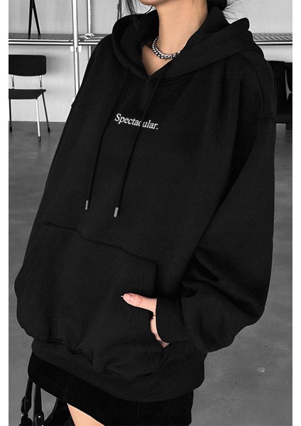 Kadın Siyah Spectacular Baskılı 3 Iplik Şardonlu Kapüşonlu Kanguru Cepli Oversize Salaş Hoodie Sweatshirt