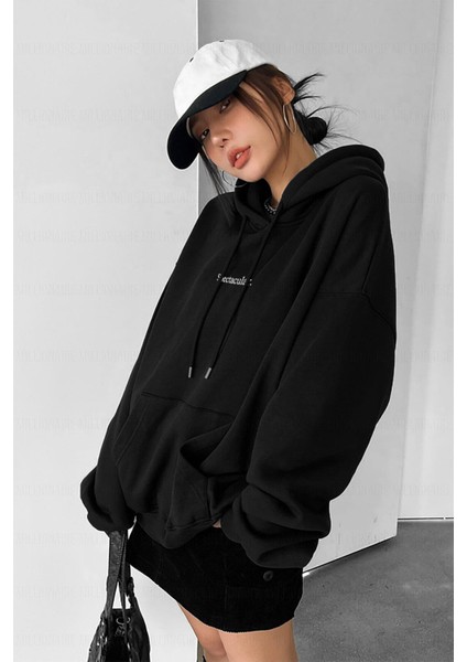 Kadın Siyah Spectacular Baskılı 3 Iplik Şardonlu Kapüşonlu Kanguru Cepli Oversize Salaş Hoodie Sweatshirt