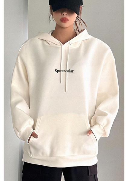 Kadın Kırık Beyaz Krem Ekru Spectacular Baskılı 3 Iplik Şardonlu Kapüşonlu Kanguru Cepli Oversize Salaş Hoodie Sweatshirt