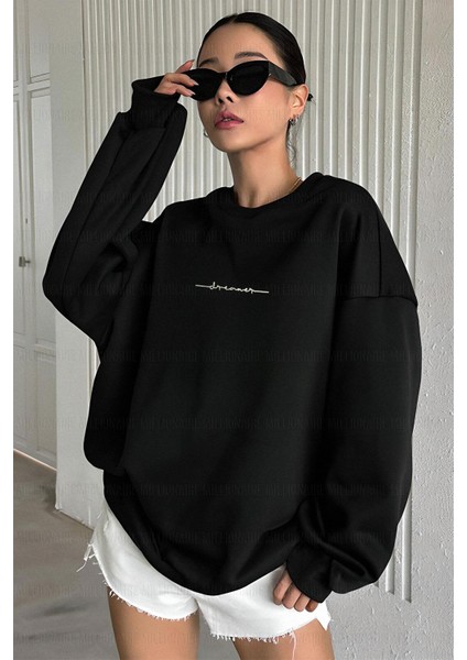 Kadın Siyah Dreamer Baskılı 0 Sıfır Yaka Oversize Salaş Bol Kesim Polar Sweatshirt