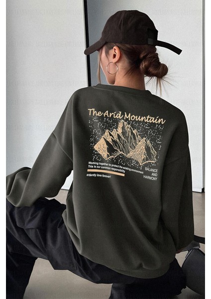 Kadın Antrasit Arid Mountain Baskılı 0 Sıfır Yaka Oversize Salaş Bol Kesim Polar Sweatshirt