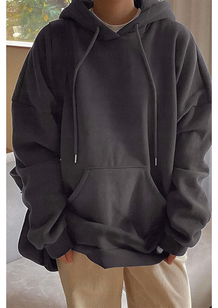 Kadın Füme Düz Kapüşonlu Oversize 3 Iplik Şardonlu Salaş Bol Kesim Hoodie Sweatshirt