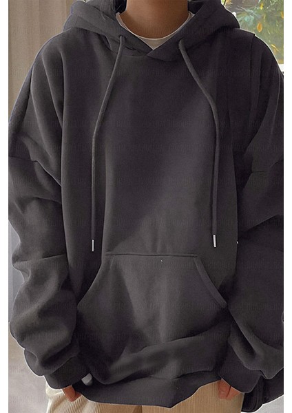 Kadın Füme Düz Kapüşonlu Oversize 3 Iplik Şardonlu Salaş Bol Kesim Hoodie Sweatshirt fiyatları