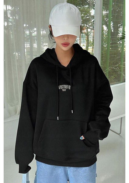 Kadın Siyah Dont Announce Baskılı 3 Iplik Şardonlu Kapüşonlu Oversize Salaş Bol Kesim Hoodie Sweatshirt-1 fiyatları