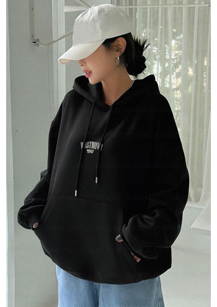 Kadın Siyah Dont Announce Baskılı 3 Iplik Şardonlu Kapüşonlu Oversize Salaş Bol Kesim Hoodie Sweatshirt-1 fırsatları