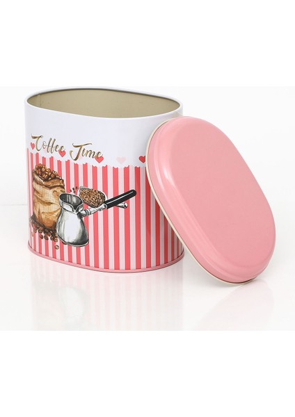 EF004-E7 Sprinkles Coffee Time Desenli Oval Metal Saklama Kabı 11X15 cm
