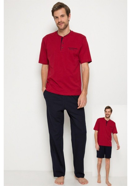 5370 Erkek Bordo Kısa Kollu 3 Lü Pijama Takımı Çeyizlik Set