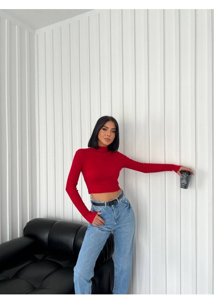 Kadın Yarım Balıkcı Yaka Fitilli Crop Bluz