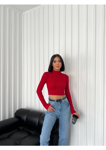 Kadın Yarım Balıkcı Yaka Fitilli Crop Bluz modelleri