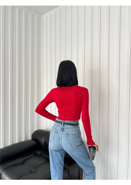 Kadın Yarım Balıkcı Yaka Fitilli Crop Bluz fırsatları