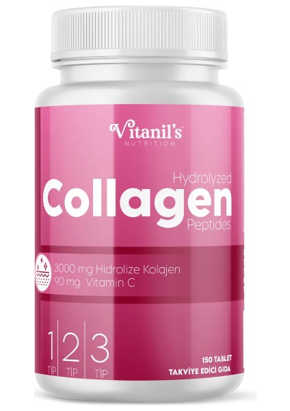 Vitanil's Nutrition C Vitamin İlaveli Kapsül Helal Sığır Kolajen Diyet Takviyesi - 150 Tablet - Tip 1-2-3 Kolajen, Bovine Collagen