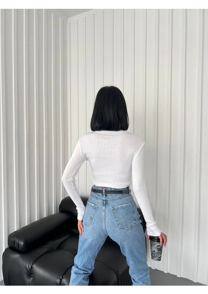 Kadın Yarım Balıkcı Yaka Fitilli Crop Bluz fırsatları