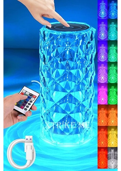 Kristal Elmas Masa Lambası 16 Renk USB Şarjlı Dokunmatik
