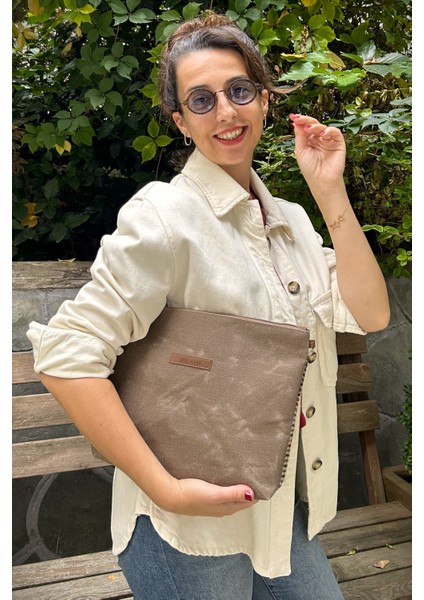 Kahverengi Clutch Waxed Canvas Ayarlanabilir Askılı Portföy Mumlu Kanvas Kadın El ve Omuz Çantası