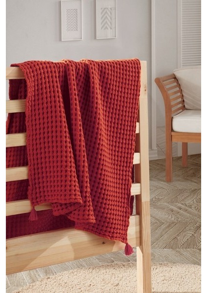 100% Pamuk Tek Kişilik Kalın Waffle Pike Örtü - Kiremit - 160 x 220 cm