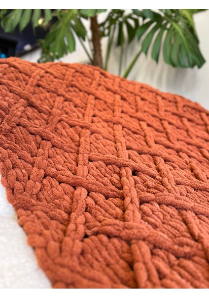 Puffy El Örgüsü Şömine Tv Battaniyesi Baklava Desenli Kiremit 90 x 165 cm