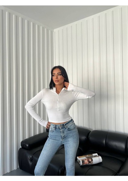 Kadın Yarım Fermuarlı Fitilli Crop Bluz