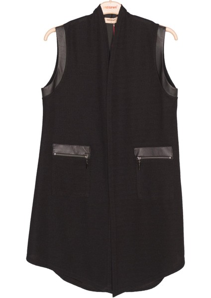 Kadın Deniz Şönil Derili Fermuar Detaylı Siyah Yelek