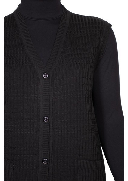 Kadın Nazan Büyük Beden Triko Düğmeli Cepli Siyah Yelek fiyatları