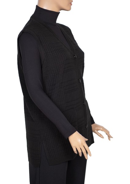 Kadın Nazan Büyük Beden Triko Düğmeli Cepli Siyah Yelek modelleri